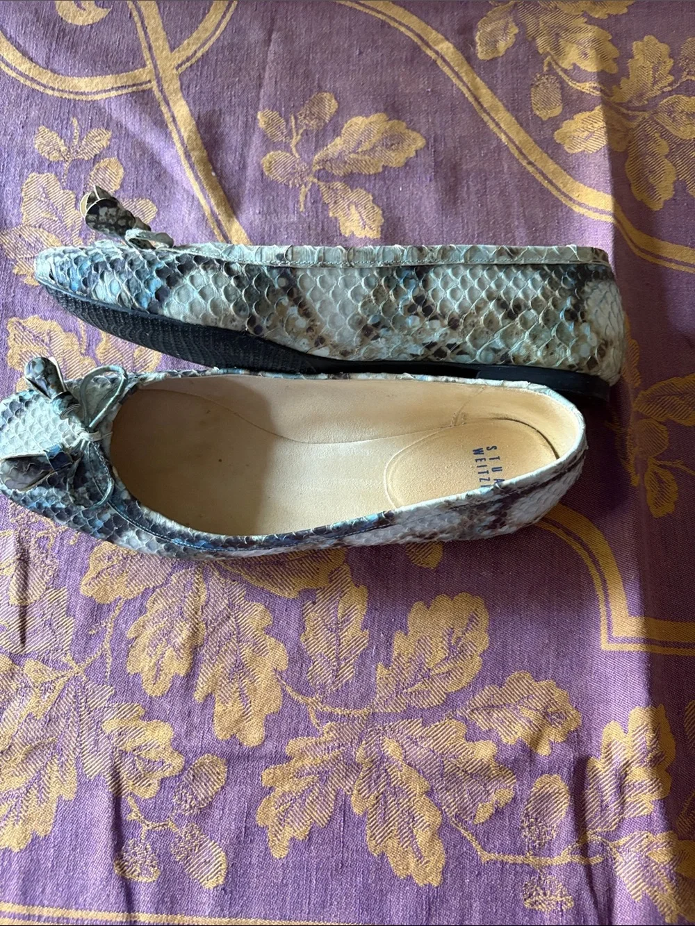 Stuart Weitzman Gray-Blue Snake-Print Bow Ballet Flats